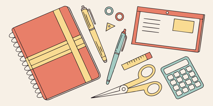 Flat lay of neatly arranged school essentials: notebooks, pens, calculator, scissors, and sticky notes