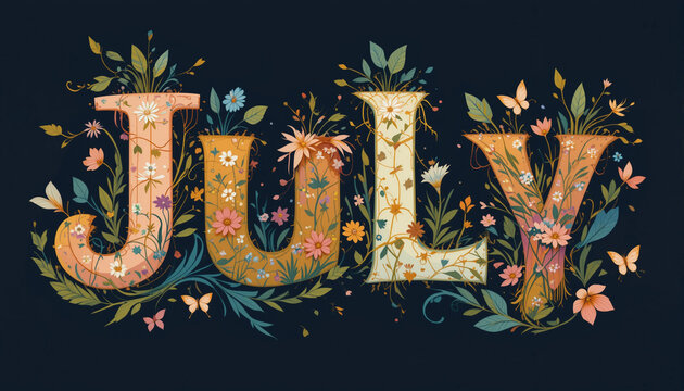 July beautiful illustration style word, july month word text with floral elements isolated vector illustration