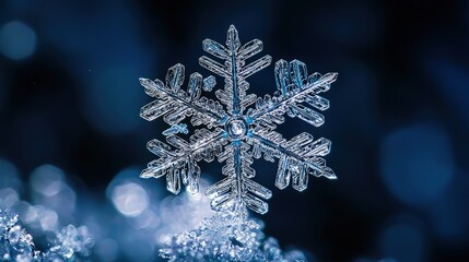 Detailed close-up of a complex snowflake.