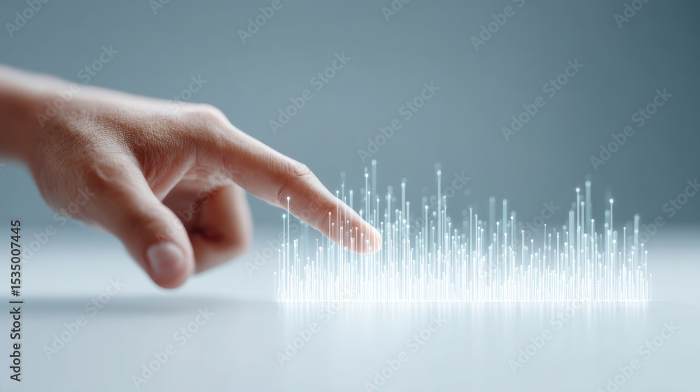 Poster hand interacts with digital data visualization, touching glowing lines on smooth surface