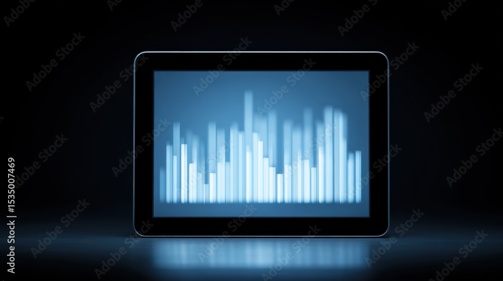 Poster digital tablet displaying glowing blue bar graph on dark background, symbolizing data analysis