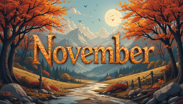 colorful autumn scene with the word November
