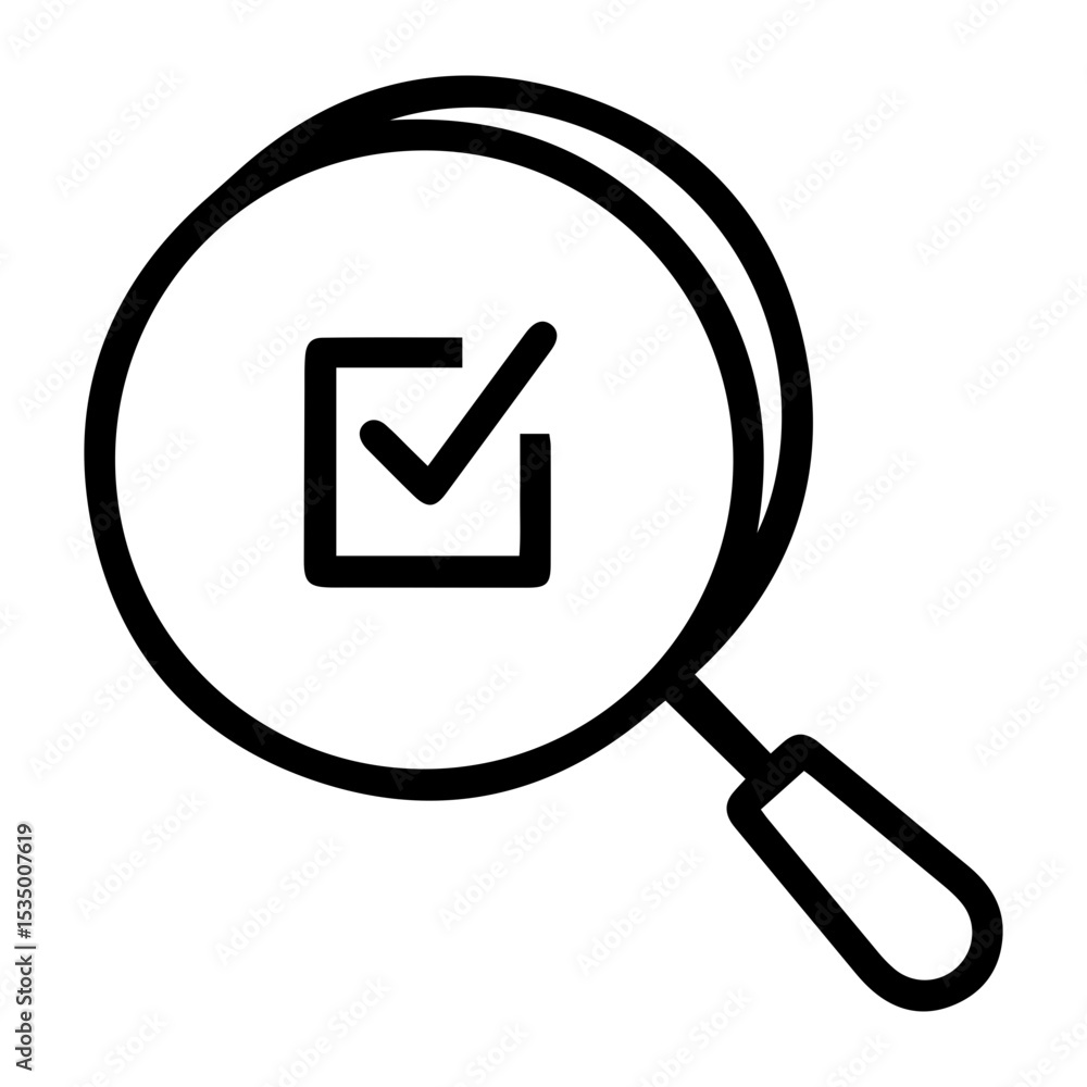 Poster outline style image depicts a magnifying glass, with a square checkbox containing a checkmark visibl