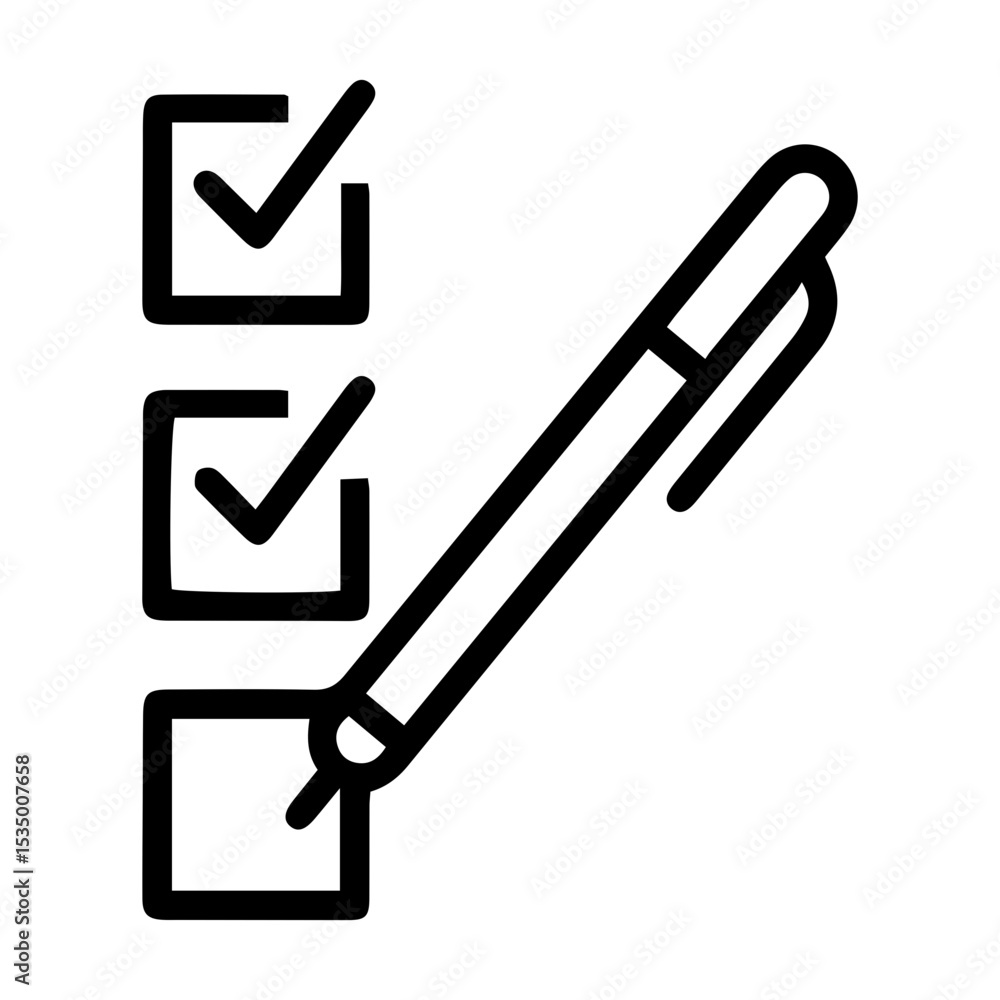 Aufkleber outline style image depicts a pen in the act of marking a checkmark in the third of three square che
