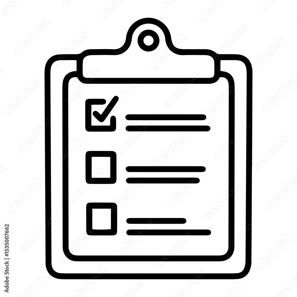 Aufkleber outline style image depicts a clipboard with a document showing three square checkboxes, where the t