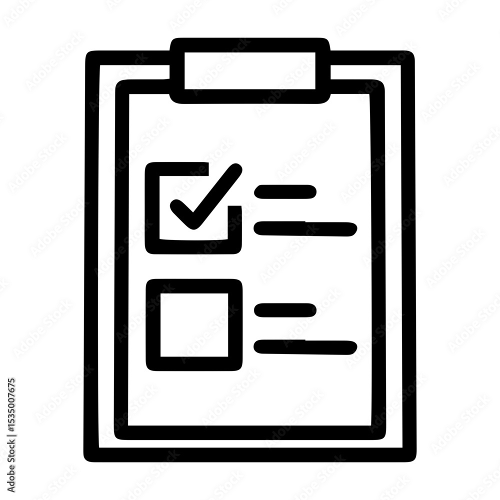Aufkleber outline style image depicts a clipboard with a document featuring a checked square box at the top, s