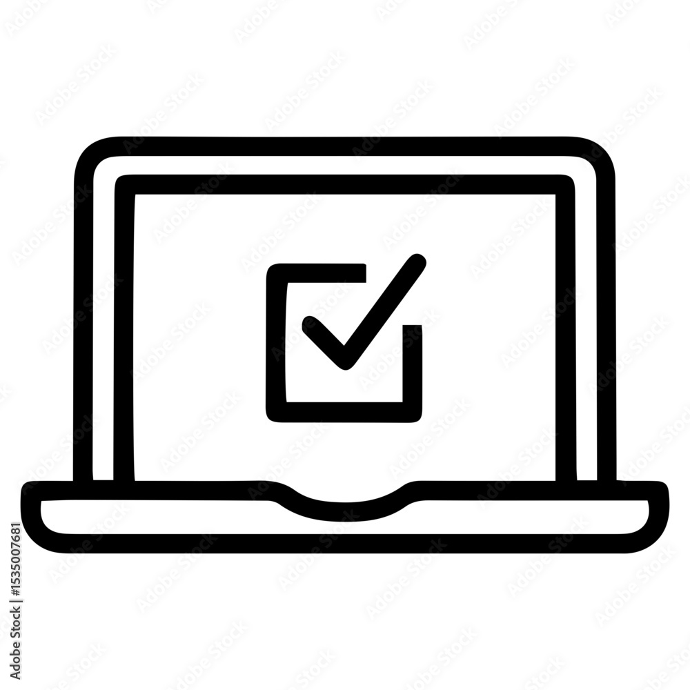 Poster outline style image depicts a laptop computer with a large checkmark symbol displayed on its screen,