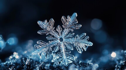 Detailed close-up of a complex snowflake.