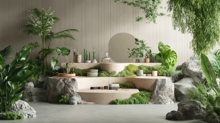 Serene Indoor Garden with Natural Elements, Textures, and Modern Aesthetic for Tranquil Home Decor Ideas