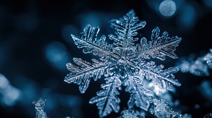 Close-up view of a complex snowflake.