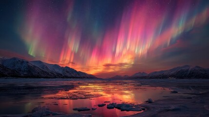 Stunning aurora borealis display with intense colors streaking across the arctic sky over a frozen river