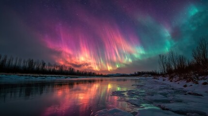 Stunning aurora borealis display with intense colors streaking across the arctic sky over a frozen river 