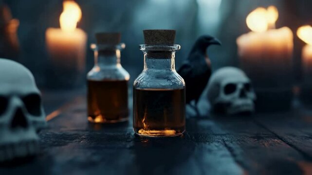 Mysterious potion bottles set among skulls and candles create an eerie atmosphere in dimly lit surroundings