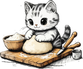 Cat Kneading Dough Black and White