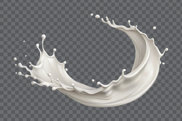 realistic 3d white  liquid milk splash with drops in curve style isolated on transparent background