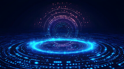 Abstract digital interface with glowing blue circular patterns and dots on a dark background