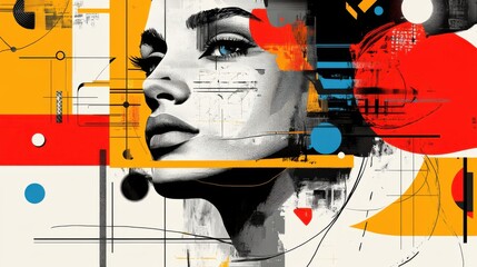 Urban Funky Bichrome Illustration with Line Art Elements