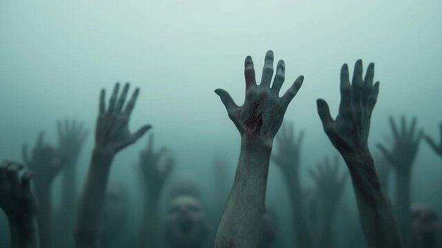 Eerie hands emerging from fog create a haunting atmosphere in a chilling visual experience