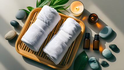 Minimalist spa flat lay with rolled white towels, natural stones, green leaves, candles, and amber essential oil bottles on a light background, evoking calm and relaxation.