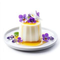 A different delicious spring dessert, a delicate floral panna cotta with edible flowers like lavender and violets, drizzled