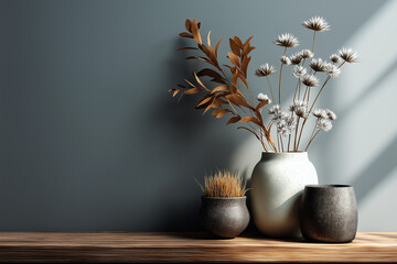 Obraz premium minimalist interior with white potted plants againts grey wall