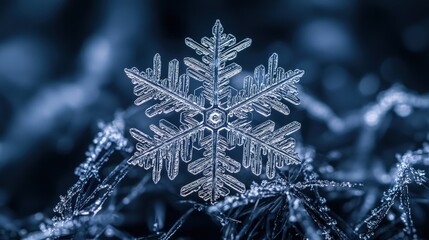 Close-up view of a complex snowflake.