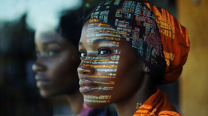 A woman with digital data projected onto her face, wearing a vibrant headscarf, symbolizing the intersection of technology and culture.