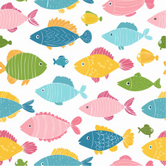 Naklejka premium Colorful cute hand drawn fish cartoon seamless pattern