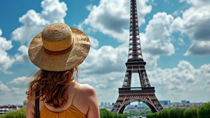A woman tourist in a sun hat admires the Eiffel Tower on a bright day in Paris, capturing the essence of a perfect vacation moment while soaking in the beautiful scenery
