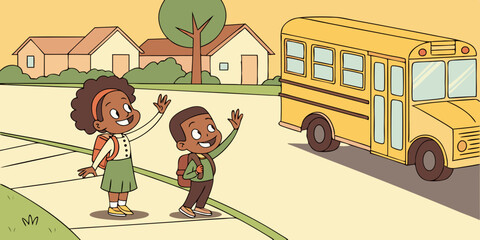 Kids waving goodbye to their parents at the school bus in the morning sunlight