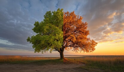 Dual Season Tree Green and Orange Leaves at Sunset