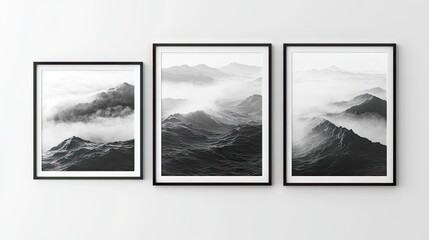Gray scale mountain range with atmospheric clouds.