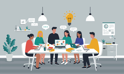 Flat design illustrations of diverse business teams in meetings, brainstorming sessions, and collaborative work, surrounded by lightbulbs and ideas. Perfect for business presentations, articles etc