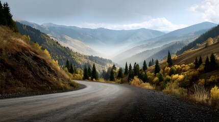 Rustic nature landscape of winding mountain road through golden forest during fall misty air distant peak viewed wide human eye road level perspective cozy autumn sky custom background cut out