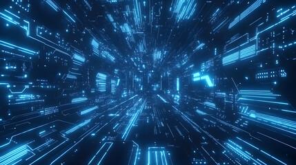 Futuristic digital tunnel with glowing blue circuits and data streams