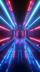 Neon-lit futuristic corridor with blue and pink lights