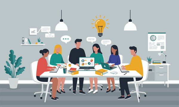 Flat design illustrations of diverse business teams in meetings, brainstorming sessions, and collaborative work, surrounded by lightbulbs and ideas. Perfect for business presentations, articles etc