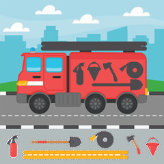 Game for preschool children. Cut and glue. Studying professions. Fire engine. Vector printable worksheet.