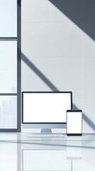 Modern Workspace with Desktop Computer and Tablet on Reflective Surface