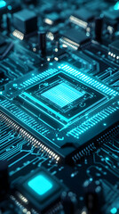 Close-up of a glowing circuit board with intricate electronic components