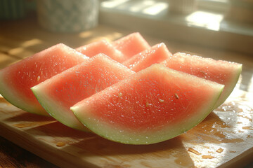 Slices of watermelon on cutting board.