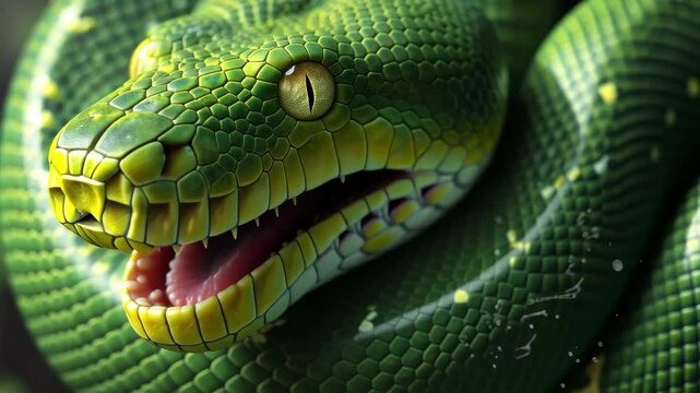 A vibrant green python rests on lush foliage, showcasing its intricate scales and golden eyes, blending seamlessly into the rainforest environment during daylight