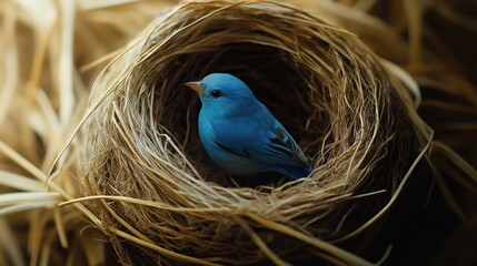 Bright blue bird resting in its nest