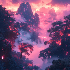 Emit Neon-Colored Forest Where Trees Futuristic Soft