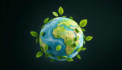Naklejka premium 3D earth with green leaves symbolizing eco-friendly concept, sustainability, and environmental protection.