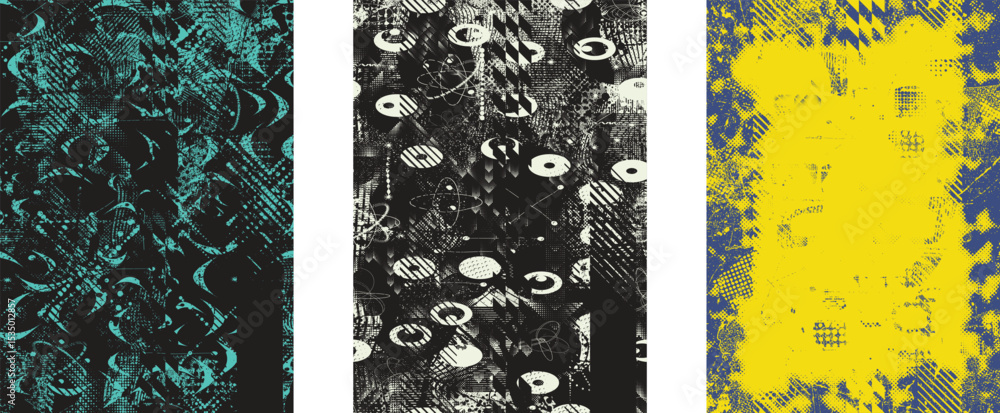 Poster Glitch distorted geometric shape . Noise destroyed logo . Trendy defect error shapes . Glitched frame .Grunge textured . Distressed effect .Vector shapes with a halftone dots screen print texture.