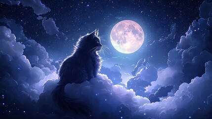 A large, dark cat sits on clouds in the night sky.