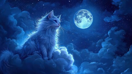 A magnificent, fluffy cat rests on a celestial cloud at night.