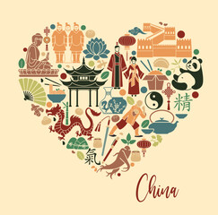 Heart Shape with Flat Icons of Chinese Culture, Food, Art and Architecture