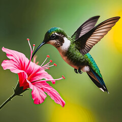 Fototapeta premium Hummingbird Hovers Gracefully as It Feeds on Blooming Hibiscus—A Delicate Dance of Nature’s Beauty in Vivid Color and Motion Amid Tropical Tranquility and Lush Green Surroundings